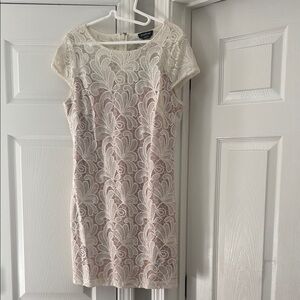 bebe Cream Lace Mini Dress with Blush Underlay